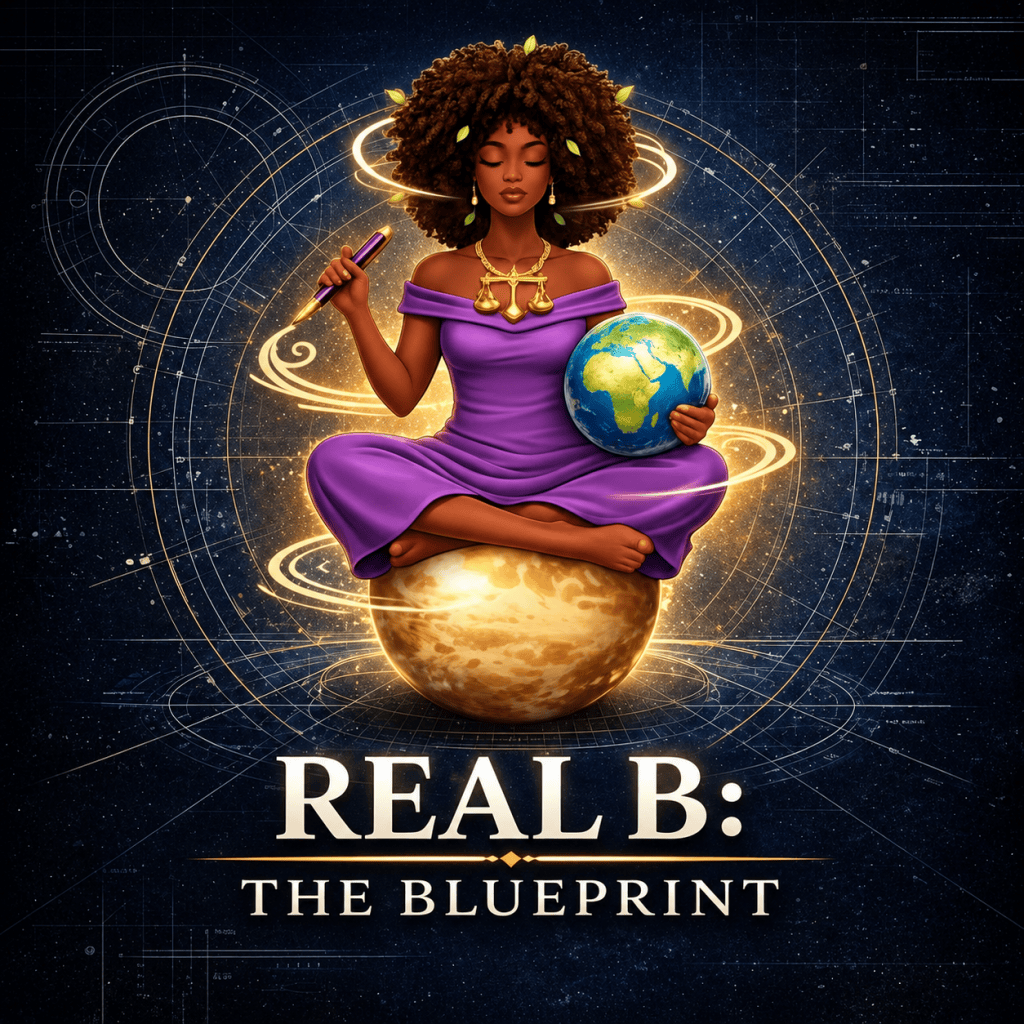 REAL B: The Blueprint — a woman holding the world, seated on a glowing planet surrounded by celestial blueprint designs.